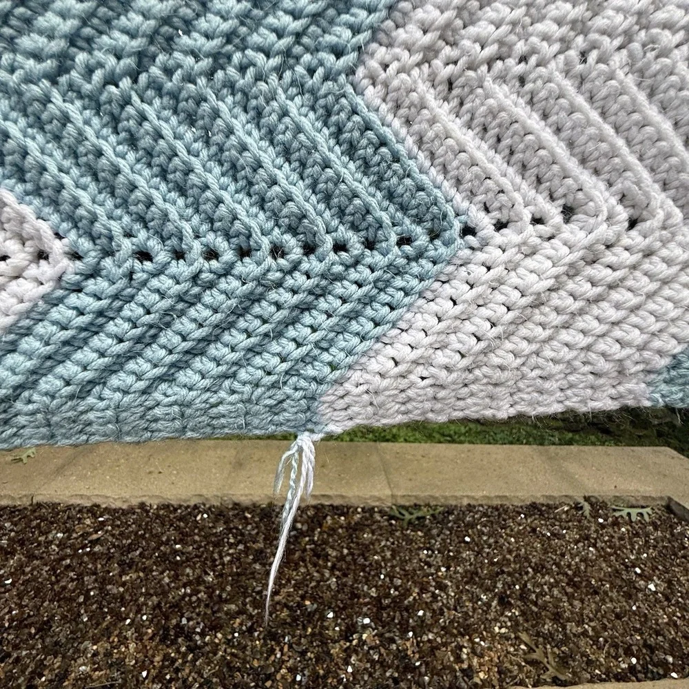 Handmade Crochet Chevron Ripple Afghan 59.5x36.25 Light Blue White Throw Blanket